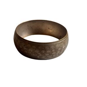 Antique Etched Floral Hammered Silver Brass Wide Bangle Bracelet Women